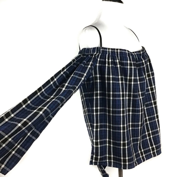 🦋Cloth & Stone Off Shoulder Plaid Blouse Shirt M - Picture 3 of 8